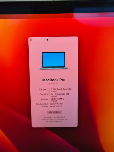 Touch Bar Apple MacBook Pro 15 (2017) 15.4'' Intel i7 @ 2.80 GHz 512GB SSD 16GB RAM Space Grey (Battery Cycle: 232)