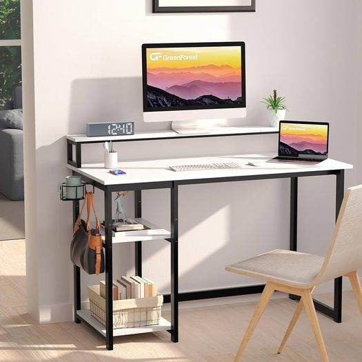 Computer Desk with Full Monitor Stand,120 cm Home Office Desk with Reversible Storage Shelves,Small Study Desk with Headphone Hook and Cup Holder,White