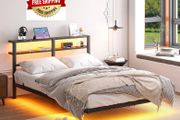 4ft6 Floating Metal Platform Bed Frame with Walnut Storage Headboard