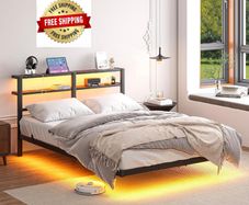 4ft6 Floating Metal Platform Bed Frame with Walnut Storage Headboard