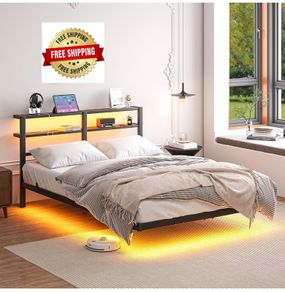 4ft6 Floating Metal Platform Bed Frame with Walnut Storage Headboard