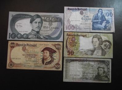 Portugal: 5 Notes: 1000e+500e+100e+50e+20e (1964-1984)