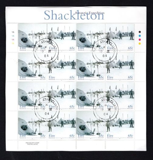 2004 Ireland Shackleton Antarctic Expedition Commemorative Stamp Sheetlet Plate 1A1A1A1A Fine Used with Dublin cancel of 19th March 2004 (First day of issue) on envelope extract.