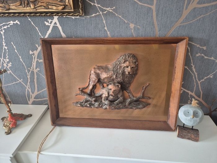 Vintage Framed Cooper Lion and Lioness gift present home house picture art deco ornament