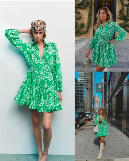 ZARA Green Paisley Floral Print Mini Shirt Dress XS