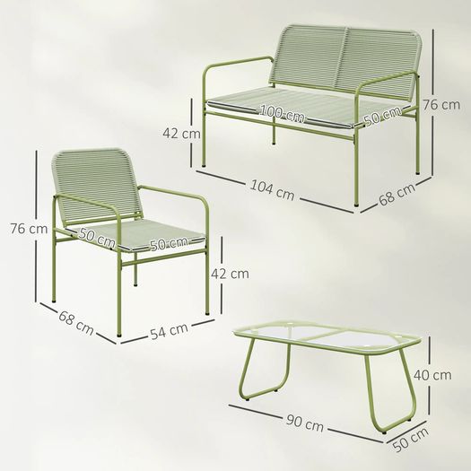 4-Seater Garden Set, 2-Seater Sofa, 2 Chairs, Tempered Glass Table Steel Frame Green