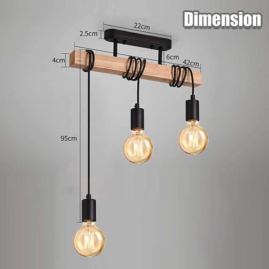 Industrial Wood Pendant Light with 3 Heads Adjustable Pendent Chandelier Light Vintage Semi Flush Ceiling Light Living Room E27 Bulb Drop Light Kitchen Dining Room Black Hanging Light (FREE POSTAGE)