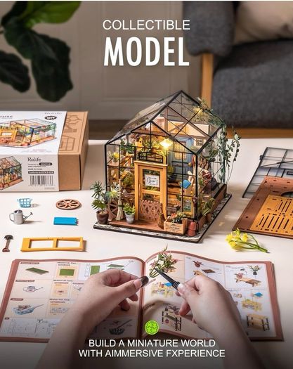 Greenhouse, DIY Miniature House Kits, Cathy's Flower House Advanced Level, 7.5 Hours, Wooden Dollhouse, Glue Free, Stress Relief Handmade Craft Kits, Birthday Gift for Women