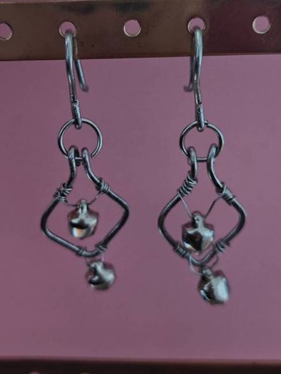 Stainless Steel Earrings with Bells, Handmade Wire Art, Geometric Dangles