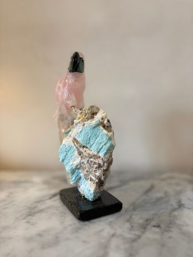 Hand-Carved Rose Quartz Parrot on Raw Amazonite & Crystal Matrix Base