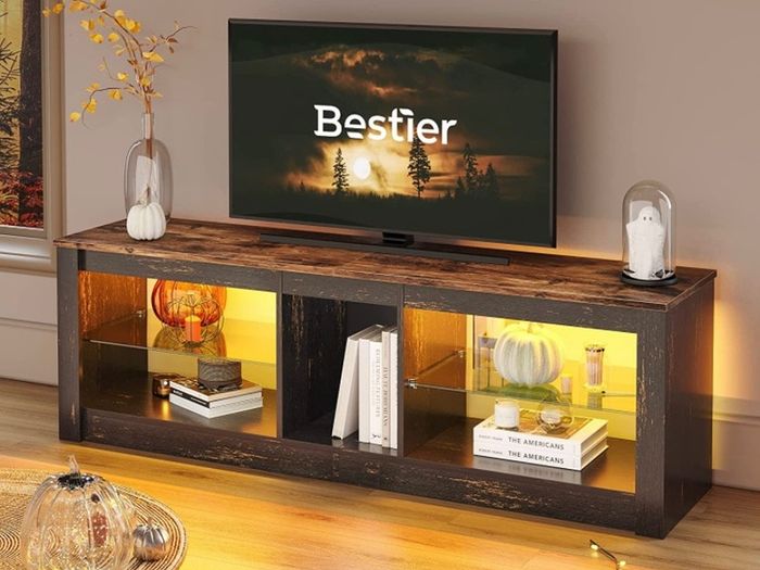 TV Stand Cabinet 140CM Modern TV Unit with Glass Shelf RGB LED Lighted for 65" TVs TV Entertainment Unit with Ambient Lights for Living Room Bedroom (FREE POSTAGE)