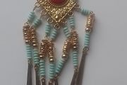 Gold Tone Coral and Turquoise Beaded Statement Necklace 16 Inch