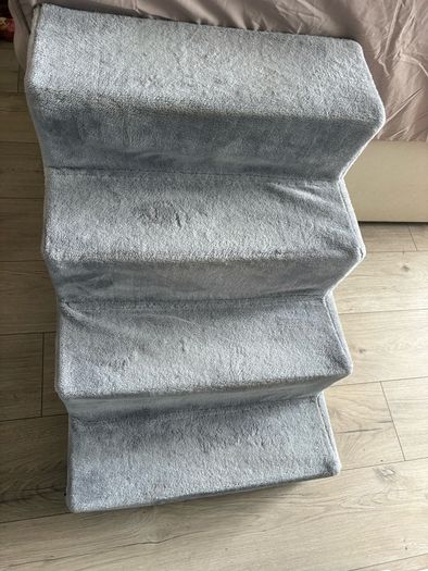 Grey, four-step plush pet staircase and small dog bed