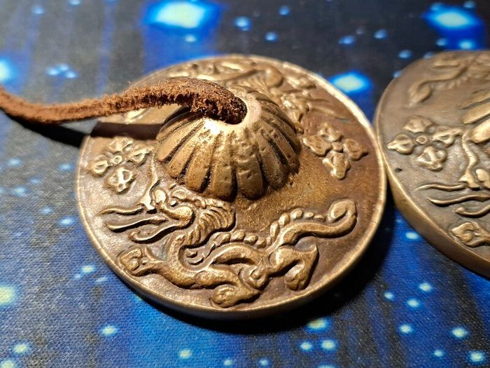 Tibetan Tingsha Bells Cymbals Dragons 5.5cm Leather Cord Use For Prosperity & Meditation