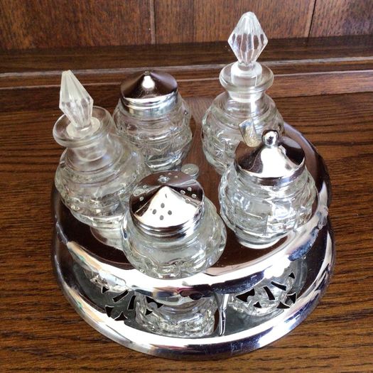Vintage Condiment Creut Set Glass And Stainless Steel  Complete Vgc