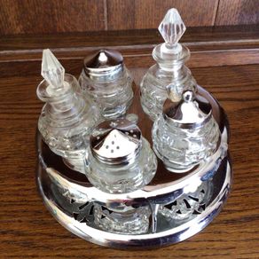 Vintage Condiment Creut Set Glass And Stainless Steel  Complete Vgc
