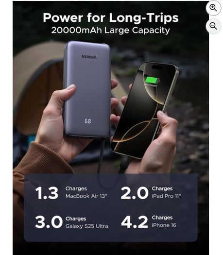 UGREEN USB C, 45W, 20000mah, Nexode Power Bank with Built-in Cable, Fast Charging 3-Way Output Portable Charger