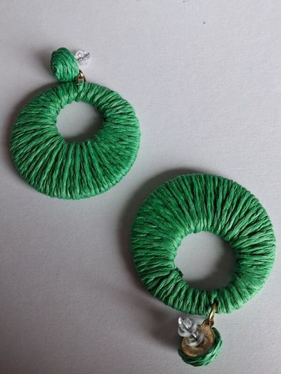 Grass Green Raffia Woven Stud Hollow Out Woven Hoop Earrings