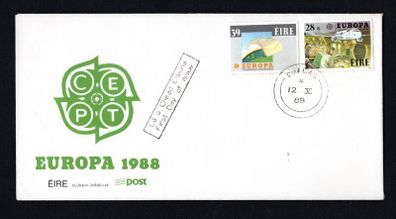 1988 Ireland Europa: Transport & Communication ( 28p Air Traffic Controllers and Airbus A320 & 39p Globe & Letters) An Post First Day Cover (FDC) with Thurles Steele Cancel