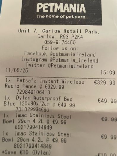 wireless dog fence, pet mania PIF 300-21, Bough new and never used. Original receipt with three year guarantee.