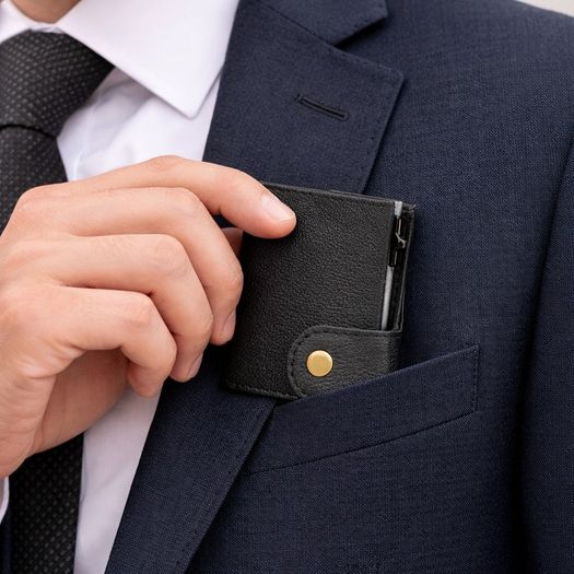 Genuine Leather Pop-Up Card Holder Wallet RFID Blocking Slim Credit Card Case