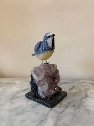 Hand-Carved Blue Tit on Raw Amethyst Cluster Base