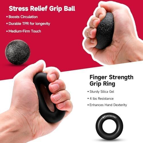 Hand Grip Strengthener Workout Kit (5 Pack), 2 Forearm Grip Adjustable Resistance Hand Gripper, Finger Stretcher, Grip Ring & Stress Relief Grip Ball for Athletes