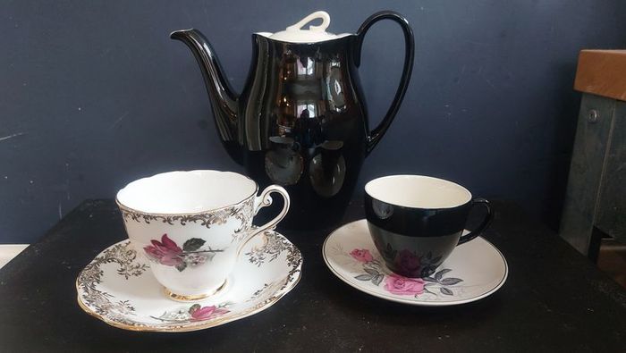 Stunning Vintage MCM 1950's Coffee Set for Six, Including Coffee Pot, by Johnson Bros, in Black and Cream with Pink Rose Detailing and Platinum Gilt Design