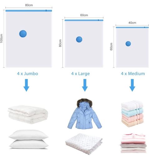 Vacuum Storage Bags 12 Pack, Storage Space Saver Bags with Zip Reusable, 4 Jumbo(100  80cm)+ 4 Large + 4 Medium for Clothes Duvets Bedding Quilt Coats Blankets | Free Hand Pump (FREE POSTAGE)