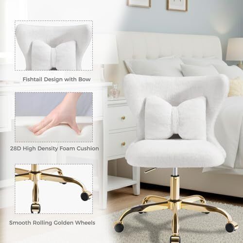 Vanity Chair with Gold Wheels & Bow Pillow, girl's office chair