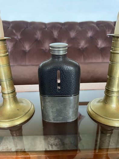 Edwardian Pewter Glass and Leather Gentlemans Hip Flask