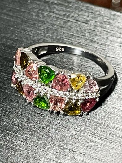 Sterling silver 925 ring with natural Multi-Tourmaline & Natural Zircon. With certificate