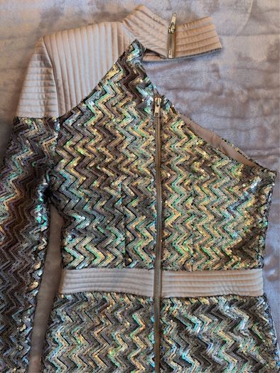 Zhivago One Shoulder Sequin Mini Dress AU 8 UK 8 In Champagne Gold Zig Zag Party Dress.