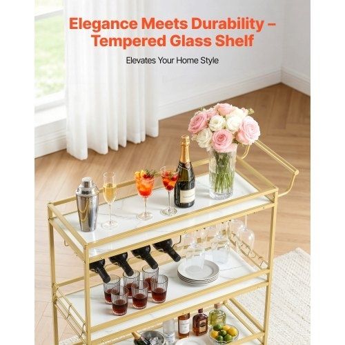 Bar Cart, 3 Tiers Home Kitchen Serving Carts, Modern Rolling Utility Station on Wheels, Mobile Drink Beverage Trolley with Wooden Shelf, Wine Rack, and Glass Holder, 910x330x935mm, Gold