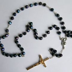 Vintage Rosary Black  Faceted Glass Beads