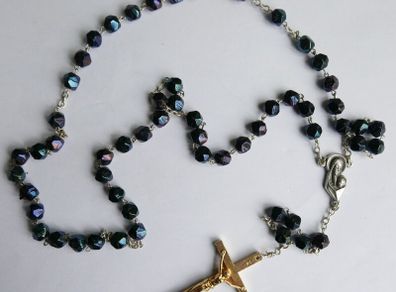 Vintage Rosary Black  Faceted Glass Beads