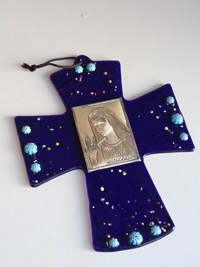 Blue Glass Cross with Silver Medallion