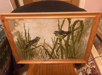 Hand woven tapestry of birds framed free postage