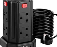 Tower Extension Lead 10M, (13A 3250W), 8 AC Outlets and 4 USB Ports Extension Tower, Surge Protection Extension Lead with 4 Independent Switch, 17W USB C Ports Extension Cable 10M for Office, Home