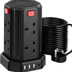 Tower Extension Lead 10M, (13A 3250W), 8 AC Outlets and 4 USB Ports Extension Tower, Surge Protection Extension Lead with 4 Independent Switch, 17W USB C Ports Extension Cable 10M for Office, Home