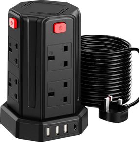 Tower Extension Lead 10M, (13A 3250W), 8 AC Outlets and 4 USB Ports Extension Tower, Surge Protection Extension Lead with 4 Independent Switch, 17W USB C Ports Extension Cable 10M for Office, Home