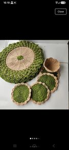 Handmade crochet dining set placemats coasters and basket green beige 9 pieces