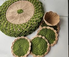 Handmade crochet dining set placemats coasters and basket green beige 9 pieces