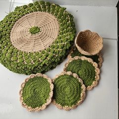 Handmade crochet dining set placemats coasters and basket green beige 9 pieces