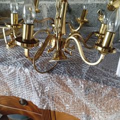 Vintage brass and crystal chandelier with matching wall lights