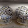 Pair of Fabulous Mid Century Modern 1950's Mix and Match Trios, in the Rare and Stunning "Manhattan" Yellow and Black Check Pattern, Paired with Woodsware "Jasmine" Utilityware saucers. Image 3
