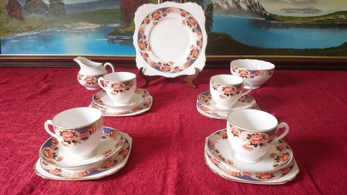 Vintage Plant Tuscan Imari 15 Piece Gold Gilt Tea Set For 4 Person Setting Made In England