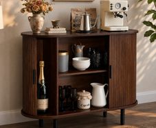 Coffee Bar Cabinet, Mid Century Fluted Coffee Bar Table, Buffet Stand Cabinet with 2 Sliding Doors