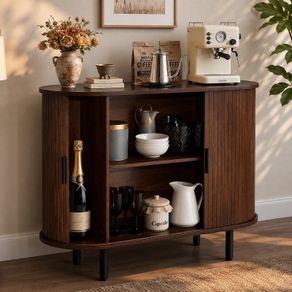 Coffee Bar Cabinet, Mid Century Fluted Coffee Bar Table, Buffet Stand Cabinet with 2 Sliding Doors