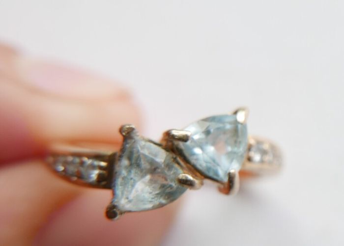 Vintage Solid 14k Gold Aquamarines And Diamonds Ring Size O - 3,35g